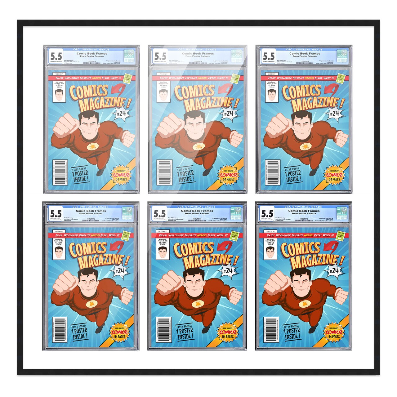 Comic Book Display Frame for CGC, PGX Graded, Slabed Comics - Black Wood Comic Frame With White Mat for 8.125x13 Comics, 18 Frame Sizes